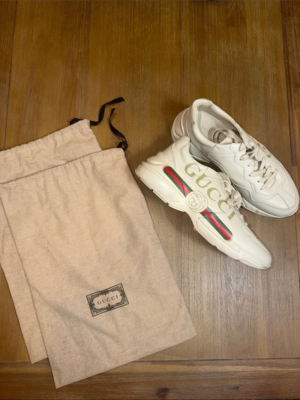 Gucci Rhyton Logo Leather Sneakers Off White Web Stripe Men 10.5